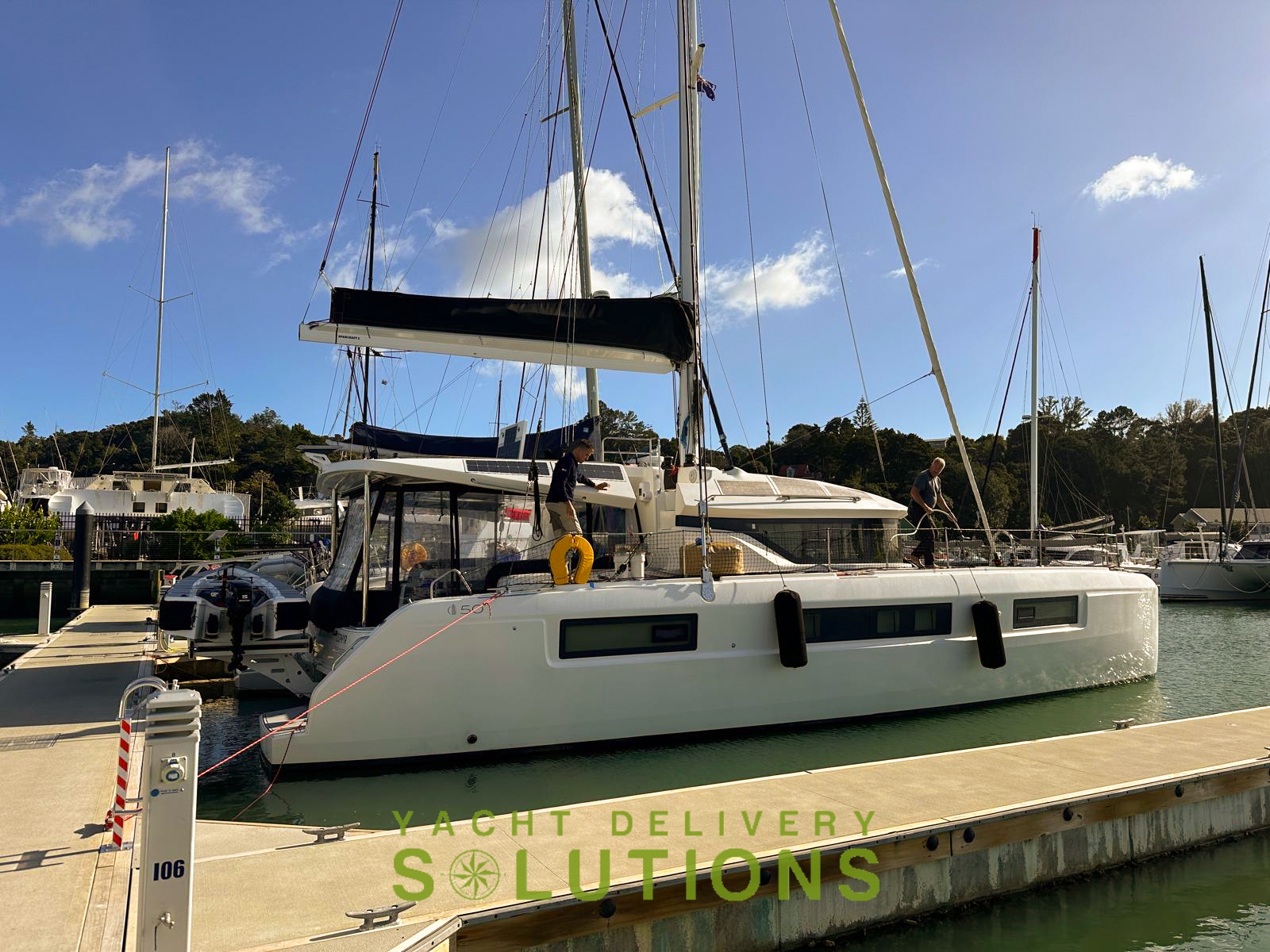 Lagoon 50 on the dock after being launched by yacht delivery solutions