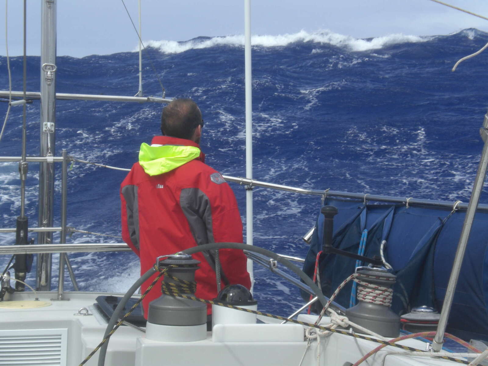 yacht delivery skipper looking at large waves