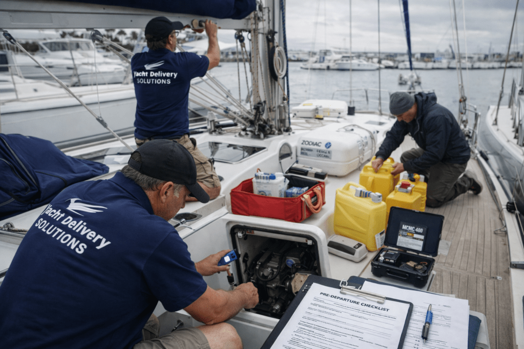 yacht delivery crew engaged in passage preparation