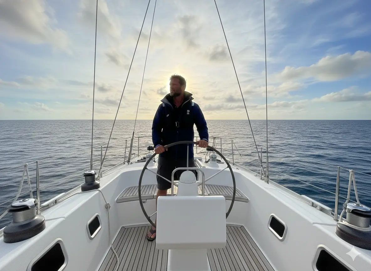 Professional delivery Skipper steering a yacht with blue sky