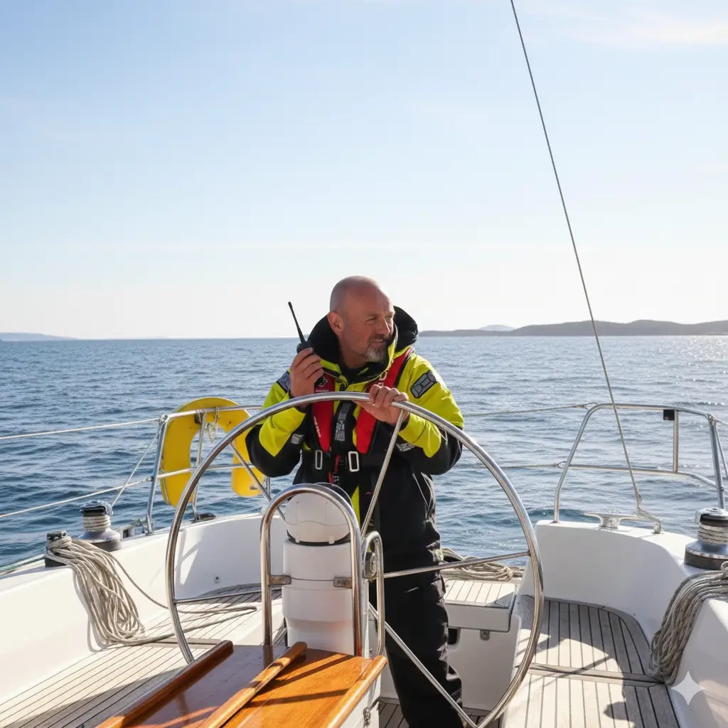 yacht Delivery Skipper at the helm with wet weather gear and vhf