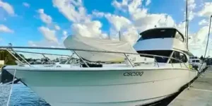 A maritimo 52 on the dock in Opua after a yacht delivery. the boat is white with a dinghy on the foredeck and blue sky