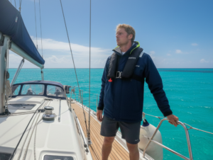 Sam the yacht delivery Skipper standing on the deck of a white yacht with blue sky in the background
