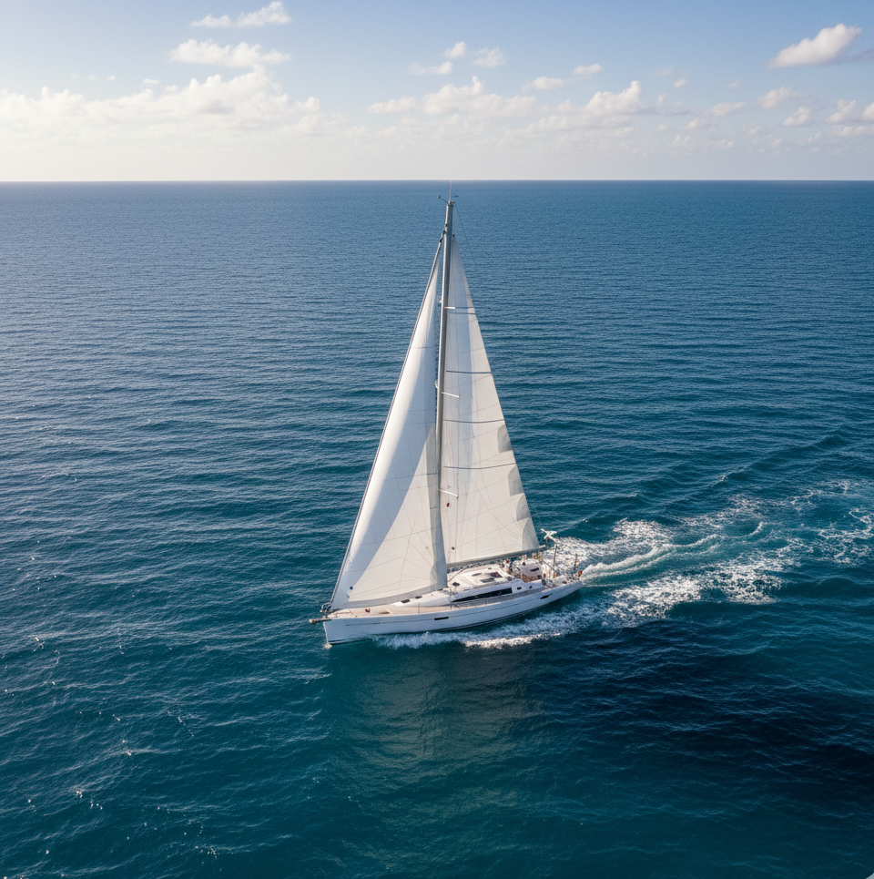 a white sailing yacht on a delivery sailing across the blue sea taken from a drone