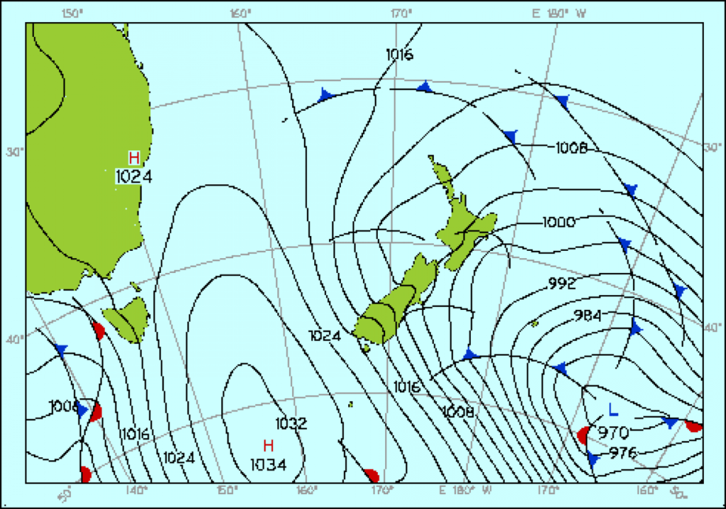 Typical South Pacific synoptic chart showing a low-pressure system east of New Zealand