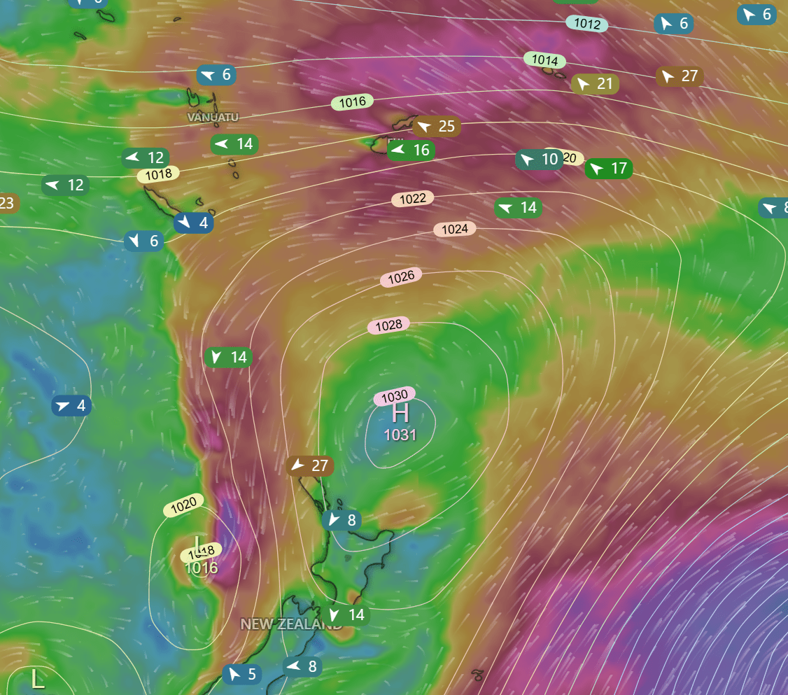 grib file showing el nino impact for sailing to nz on a high pressure